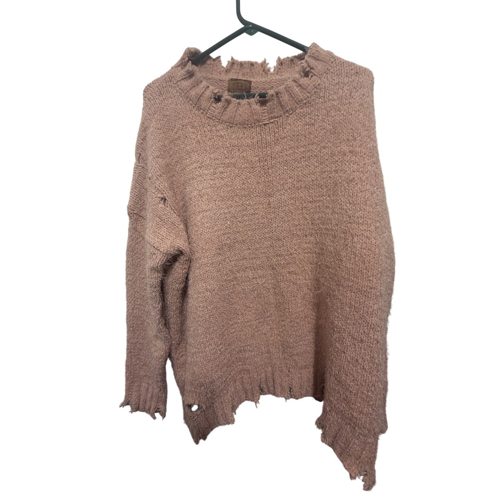 Pol Pink Distressed Knit‎ Sweater Oversized Ripped Collar Hem Size M